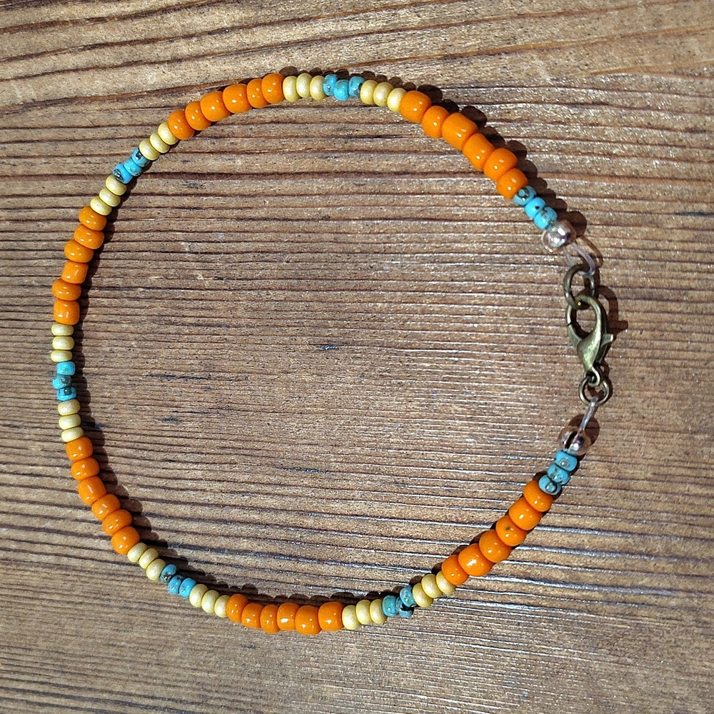 Orange and Turquoise Beaded Bracelet, Handmade Men's Bracelet 9 Inches Long - Picture 5 of 6